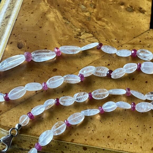Natural Rainbow Moonstone Ruby Sterling Silver Beaded Necklace - Picture 8 of 10